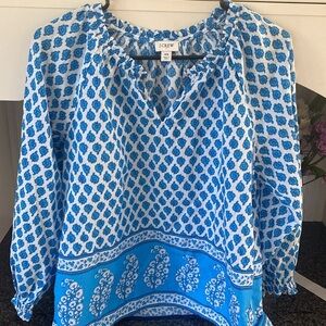 J Crew Blue and White Block Floral Paisley Print Boho Popover Cotton Top